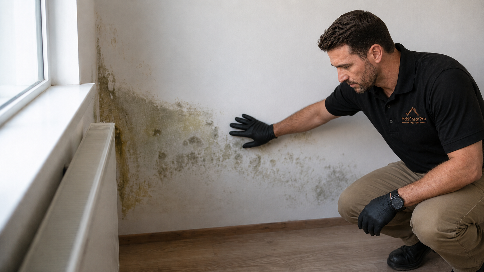 Mold Check Pro inspector examining mold growth on an interior wall